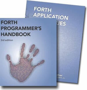 book covers: Forth Programmer's Handbook and Forth Application Techniques, technical documentation