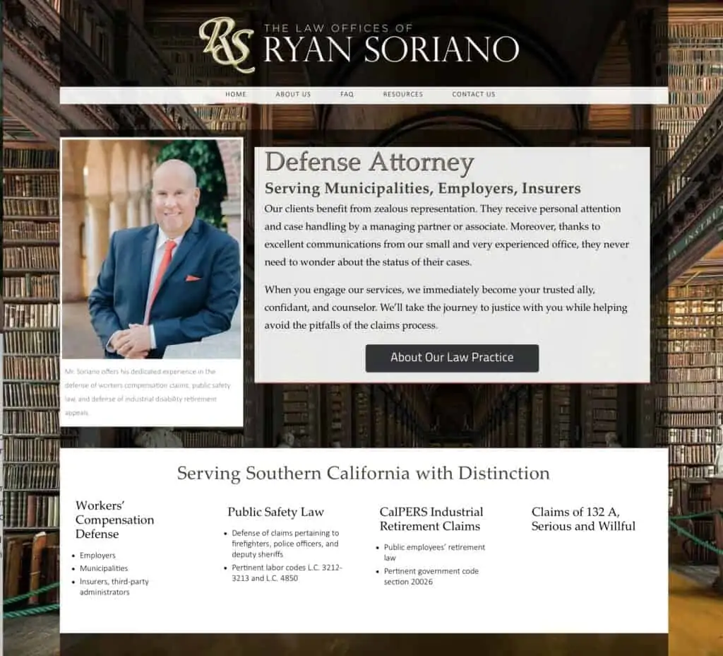 screenshot: home page of Soriano Law Offices - websites for lawyers, new law practices