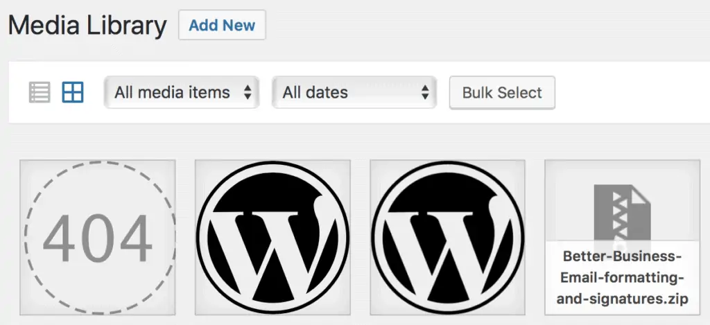 screenshot: WordPress Medial Library with SVG files when SVG support is provided.