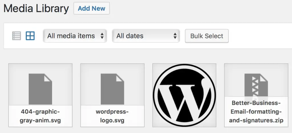 screenshot: WordPress Media Library without added SVG support