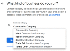 screen shot: using the form to explore valid Google categories relevant to this business