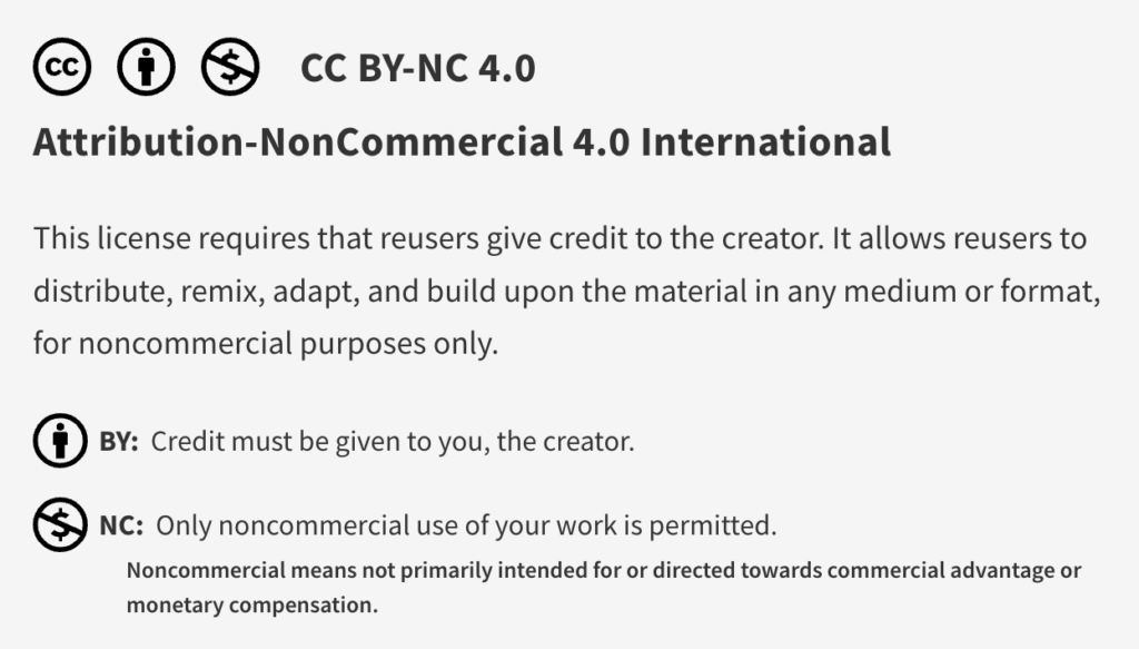 Screenshot: example license statement CC BY-NC 4.0 along with explanatory text beginning "Attribution-NonCommercial 4.0 International"